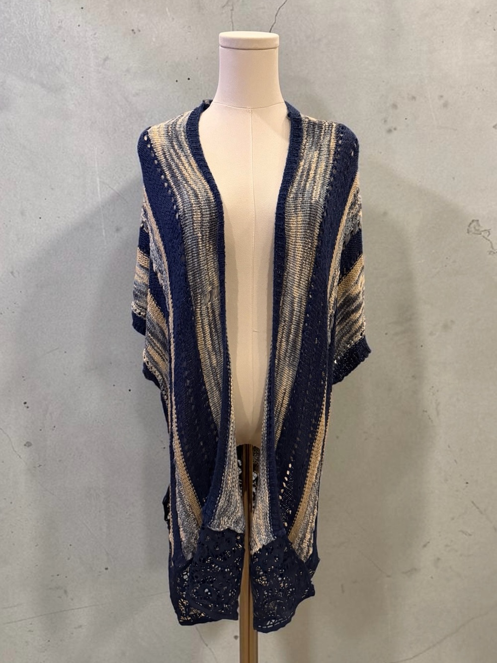 Chico's Navy and Cream Striped Knit Shawl Cardigan with Lace Trim